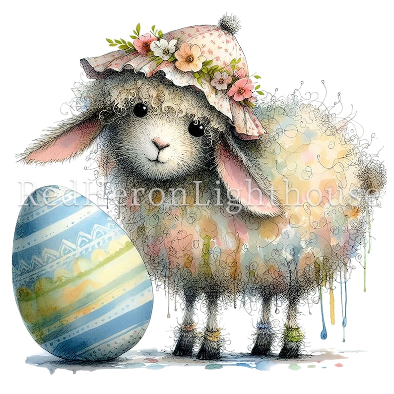 May include: A fluffy white lamb wearing a pink and white floral hat and a flower crown, standing next to a blue and yellow striped Easter egg.