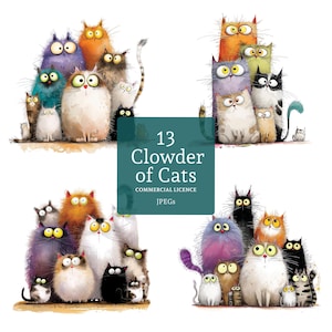 Clipart de un grupo de gatos peculiares, 13 PNG/JPG de alta calidad, clipart de gatos amigos divertidos en acuarela, creación de tarjetas, manualidades digitales/en papel / BR0626-1