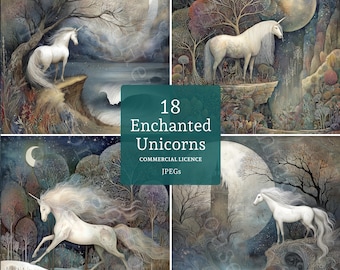 Imágenes prediseñadas de unicornios encantados, gráficos de animales míticos, acuarela (18 imágenes JPG), descarga digital, uso comercial, creación de tarjetas, álbum de recortes