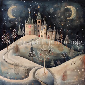 May include: A whimsical painting of a snow-covered landscape with a fairytale castle in the distance. The castle is lit by a crescent moon and stars, and there are trees and a winding path leading up to it. The painting is done in a soft, dreamy style with a muted color palette.