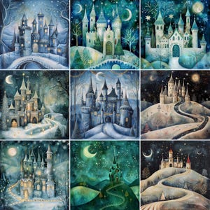 May include: A collage of nine illustrations depicting whimsical, fairytale-like castles in a snowy winter landscape. Each castle is unique, with intricate details and a magical atmosphere. The illustrations are painted in a soft, dreamy palette of blues, greens, and whites.