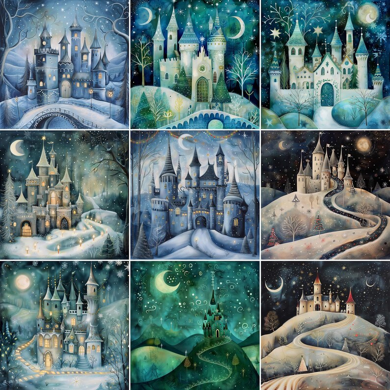 May include: A collage of nine illustrations depicting whimsical, fairytale-like castles in a snowy winter landscape. Each castle is unique, with intricate details and a magical atmosphere. The illustrations are painted in a soft, dreamy palette of blues, greens, and whites.