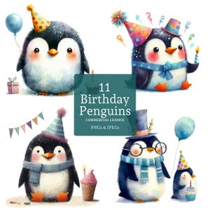 Clipart de pingüino de cumpleaños, 11 PNG/JPG de alta calidad, imágenes de animales caprichosos, decoración para fiestas, creación de tarjetas, arte infantil, USO COMERCIAL / BR0317