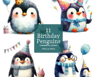 Birthday Penguin Clipart, 11 High Quality Pngs/jpgs, Whimsical