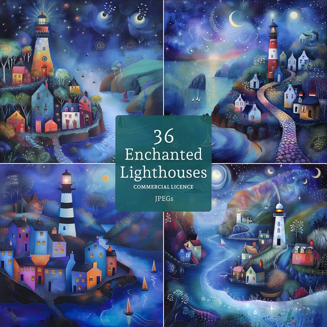 Moonlit Lighthouse Clipart, Enchanted Coastal Villages & Seascapes ...