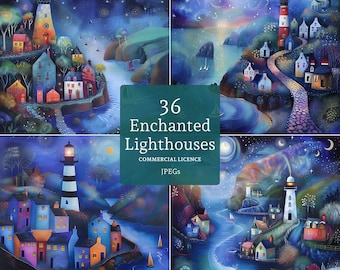 Könnte beinhalten: Vier skurrile Gemälde mit Leuchttürmen, Küstendörfern und Sternenhimmel. Die Kunstwerke sind lebendig mit Blau-, Lila- und Orangetönen. Der Text "36 Enchanted Lighthouses" wird auf einem türkisfarbenen Quadrat angezeigt.