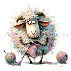 May include: A fluffy white sheep with pink and blue yarn is knitting a pink and blue scarf. The sheep is sitting on a white background and has a pink and blue ball of yarn next to it.