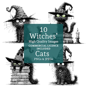 Clipart chat sorcière, 10 fichiers PNG/JPG de haute qualité, jolis dessins de chat noir, drôle de chat d'Halloween, clipart animal original, UTILISATION COMMERCIALE | AR0604-1