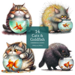 Funny Cat & Goldfish Clipart, 14 High Quality PNGs/JPGs, Watercolour Quirky Cat Images, Card Making, Junk Journaling COMMERCIAL USE | BR0321