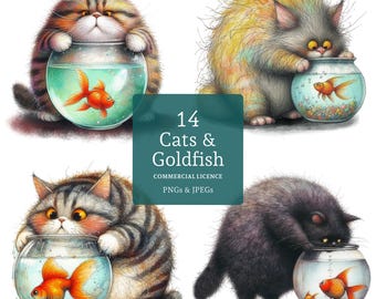 Funny Cat & Goldfish Clipart, 14 High Quality PNGs/JPGs, Watercolour Quirky Cat Images, Card Making, Junk Journaling COMMERCIAL USE | BR0321