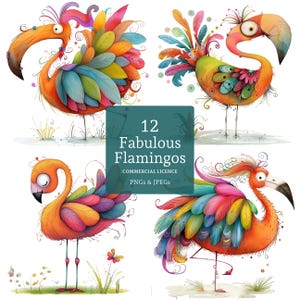 Fantasy Flamingo Clipart, 12 High Quality PNGs/JPGs, Watercolor Tropical Bird Images, Card Making, Junk Journaling COMMERCIAL USE | BR0331-1