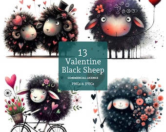 Black Sheep Clipart, 13 High Quality PNGs/JPGs, Quirky Love Heart Sheep, Characterful Valentine Animal Crafting, COMMERCIAL USE | BR0113-1