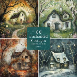 Clipart di cottage incantati 80 JPG, scene di cottage stagionali, casette di legno fantasiose, artigianato fantasy e diario, uso commerciale / AR0909