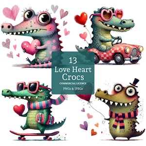 Love Heart Crocodile Clipart, 13 High Quality PNGs/JPGs, Funny Valentine Alligators, Quirky Jungle Animal Crafting, COMMERCIAL USE | BR0107