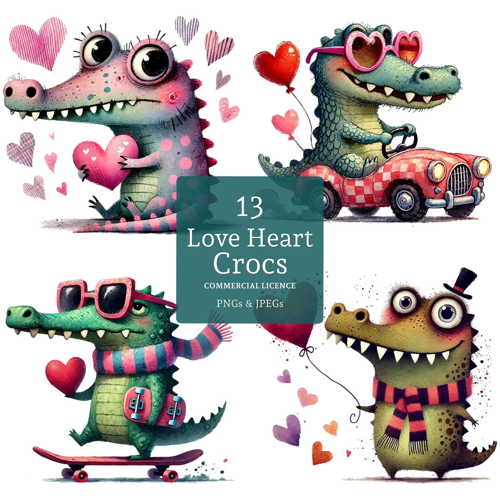Love Heart Crocodile Clipart, 13 High Quality Pngs/jpgs, Funny Love Heart Crocodile Clipart, 13 High Quality Pngs/jpgs, Funny