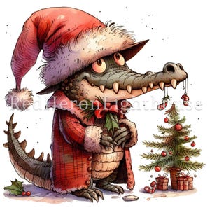 May include: A cartoon alligator wearing a red and white Santa hat and a red plaid coat holds a sprig of holly with a red bow. The alligator is standing next to a small Christmas tree decorated with red and white ornaments and candy canes.