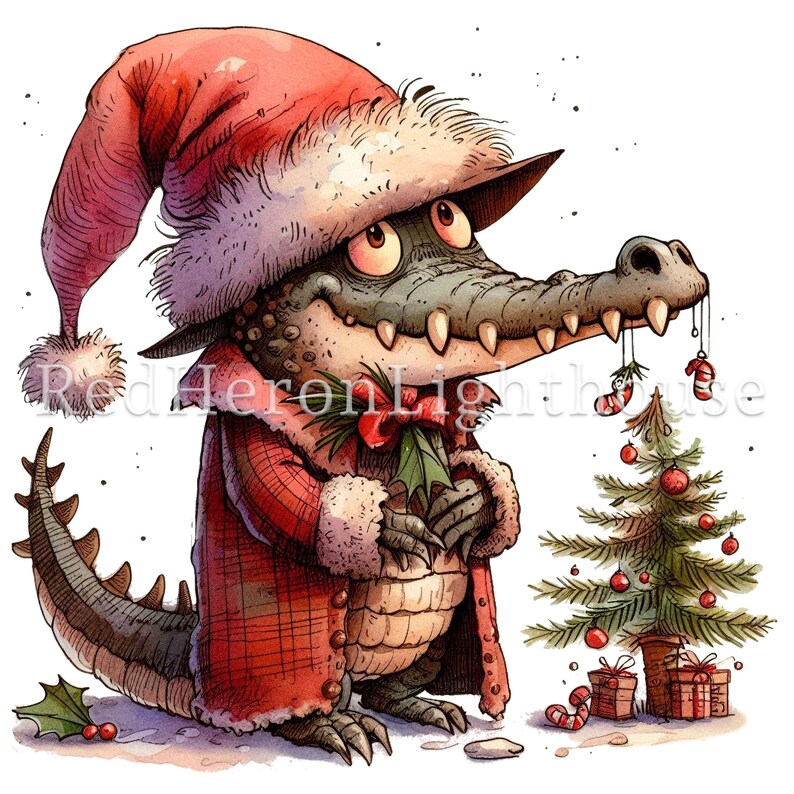 May include: A cartoon alligator wearing a red and white Santa hat and a red plaid coat holds a sprig of holly with a red bow. The alligator is standing next to a small Christmas tree decorated with red and white ornaments and candy canes.