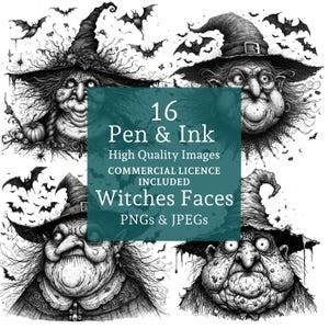 May include: A set of 16 black and white pen and ink illustrations of witches' faces. The images are high quality and come with a commercial license. The text "16 Pen & Ink High Quality Images COMMERCIAL LICENCE INCLUDED Witches Faces PNGs & JPEGS" is displayed on a teal background.