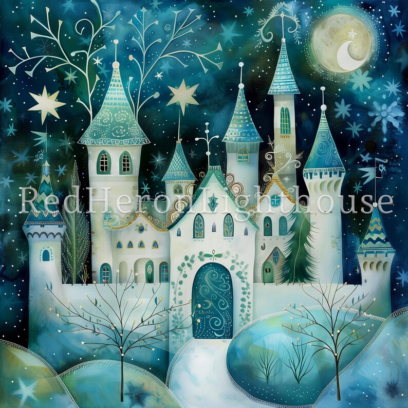 May include: A whimsical illustration of a white castle with blue and green accents, set against a dark blue night sky with stars and a crescent moon. The castle has a large, ornate, green door and is surrounded by trees and snow.