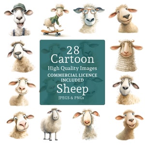 Funny Cartoon Sheep Clipart, 28 High Quality PNGs/JPEGs, Quirky Farm Animals, Digital/Paper Craft, COMMERCIAL USE Digital Download | AR0507