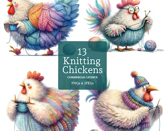 Knitting Chicken Clipart, 13 High Quality PNGs/JPGs, Watercolour Quirky Bird Clipart, Paper/Digital Crafts, Journal, COMMERCIAL USE | BR0429