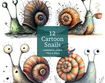 Cartoon Snail Clipart Set, High Quality Designs, 12 PNGs/JPGs, Cute Quirky Snails, Funny Animal, COMMERCIAL USE Digital Download | AR0529
