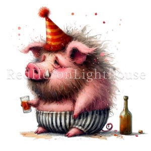 Puede incluir: Un cerdo rosa con un gorro de fiesta a rayas y pijama a rayas sostiene un vaso de l&iacute;quido naranja. Una botella marr&oacute;n y un corcho yacen en el suelo junto al cerdo.