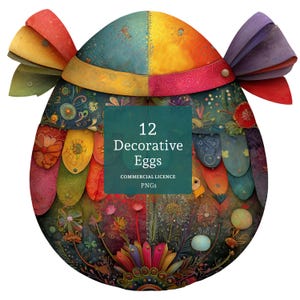 May include: A colorful, decorative egg design with a variety of patterns and textures. The egg features a mix of warm and cool colors, including red, yellow, blue, and green. The text "12 Decorative Eggs" is displayed on the egg.