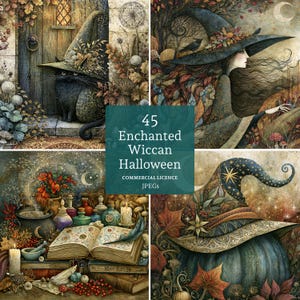 May include: A digital art collage featuring four panels with a Wiccan Halloween theme. The panels include a black cat wearing a witch hat, a woman with a witch hat, a still life with books and potions, and a witch hat on a pumpkin. The text "45 Enchanted Wiccan Halloween" is in the center.