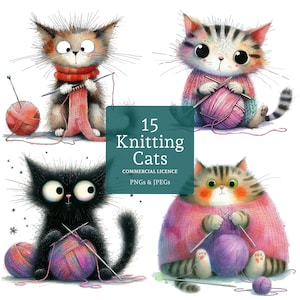 Clipart chatons en tricot, 15 fichiers PNG/JPG de haute qualité, clipart chat original, création papier/numérique, journal indésirable, fantaisie, USAGE COMMERCIAL | BR0502