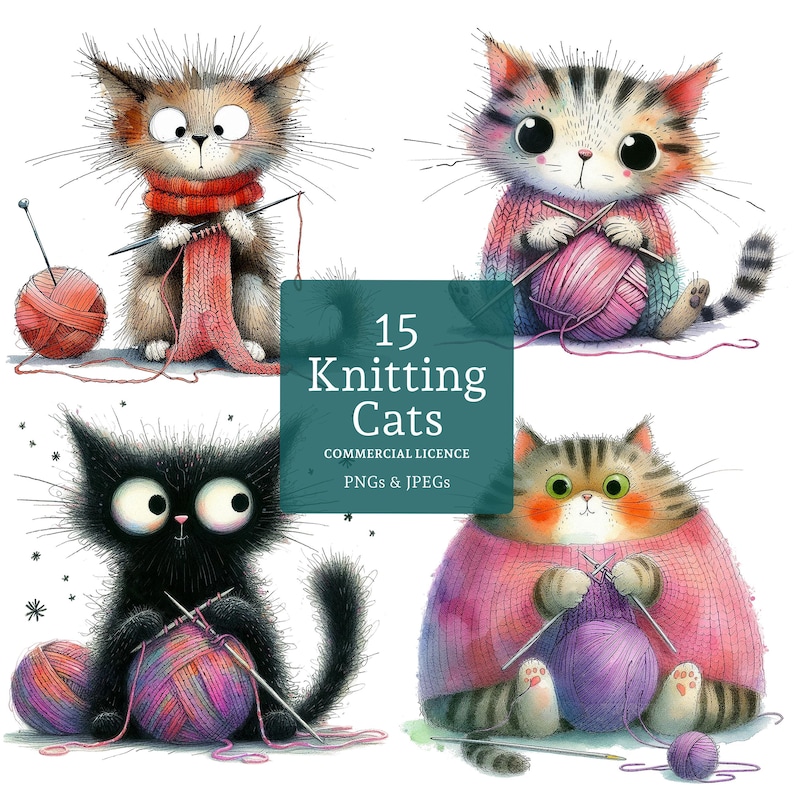 May include: Four illustrations of cats knitting with yarn and needles. The cats are in various colours, including brown, black, and striped, and are surrounded by balls of yarn. The image includes the text "15 Knitting Cats" and "Commercial Licence PNGs & JPEGs."