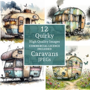 Eigenzinnige caravans clipart, 12 jpgs ontwerpen van hoge kwaliteit, grillige aanhangwagens, retro campers, crafting, commercieel gebruik digitale download | AR0521