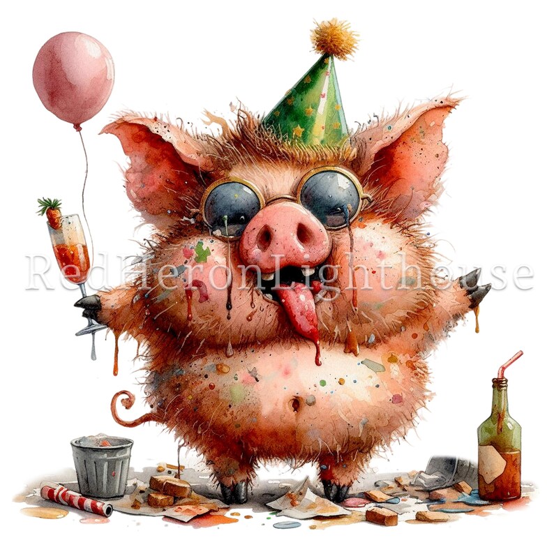 Puede incluir: Un cerdo de dibujos animados con un sombrero de fiesta verde y gafas de sol, sosteniendo un vaso de l&iacute;quido rojo y un globo rosa. El cerdo est&aacute; cubierto de salpicaduras de pintura de colores y tiene un aspecto desordenado, lo que sugiere una fiesta salvaje.