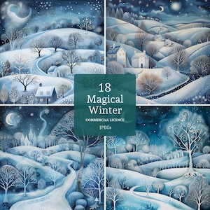 Clipart hiver magique, 18 fichiers JPG de haute qualité, paysages enneigés enchantés, travaux manuels saisonniers pour les fêtes, journalisation saisonnière, UTILISATION COMMERCIALE | AR1126-2