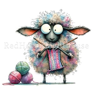 May include: A black sheep with pink, blue and white wool is knitting a striped scarf with two wooden knitting needles. Three balls of yarn are on the floor next to the sheep.