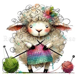 May include: A white sheep with curly wool is knitting a colourful sweater. The sheep is holding two knitting needles and there are two balls of yarn on the ground, one green and one pink.