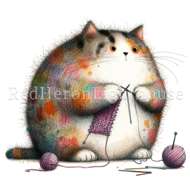 May include: A charming illustration of a cat knitting. The cat has a fluffy coat with patches of orange, pink, and green. It's depicted with knitting needles and a purple knitted piece, alongside a ball of pink yarn. The image has a whimsical, artistic style.