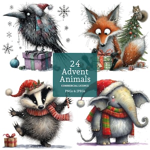 Clipart de animais de Natal, 24 PNGs/JPGs de alta qualidade, Imagens de calendário do advento, Animais engraçados de inverno, Arte festiva fofa, USO COMERCIAL | AR1008