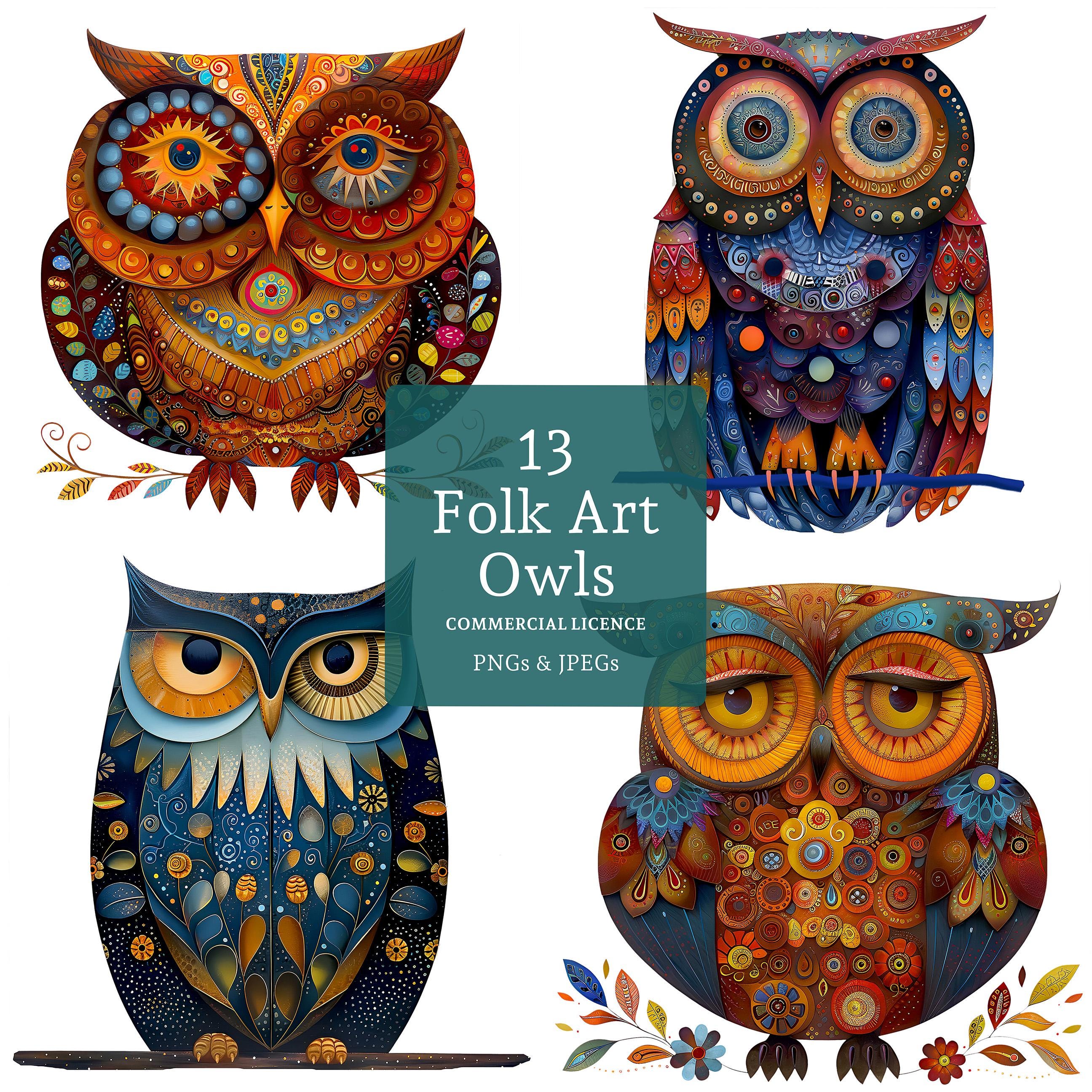 Decorative Owl Clipart, 13 High Quality PNGs/JPGs, Nordic Folk Art Bird Clipart, Paper/Digital Craft