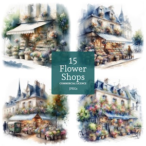 Clipart de floristería francesa, 15 archivos JPG de alta calidad, escenas de tiendas vintage en acuarela, creación de tarjetas, diario basura, uso comercial / BR0312