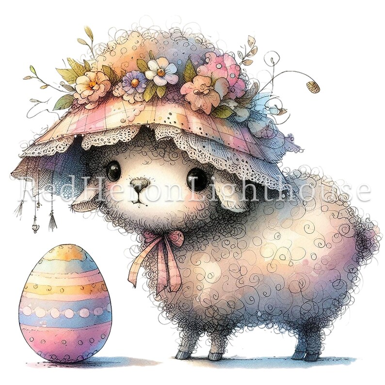 May include: A fluffy white lamb wearing a pink and white hat with a floral crown and holding a pastel striped Easter egg.