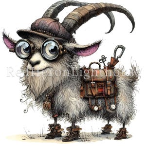 May include: A whimsical illustration of a goat wearing a brown hat, round glasses, and a leather backpack. The goat has a long, curly beard and is wearing boots. The goat is carrying a compass and other tools on its back.