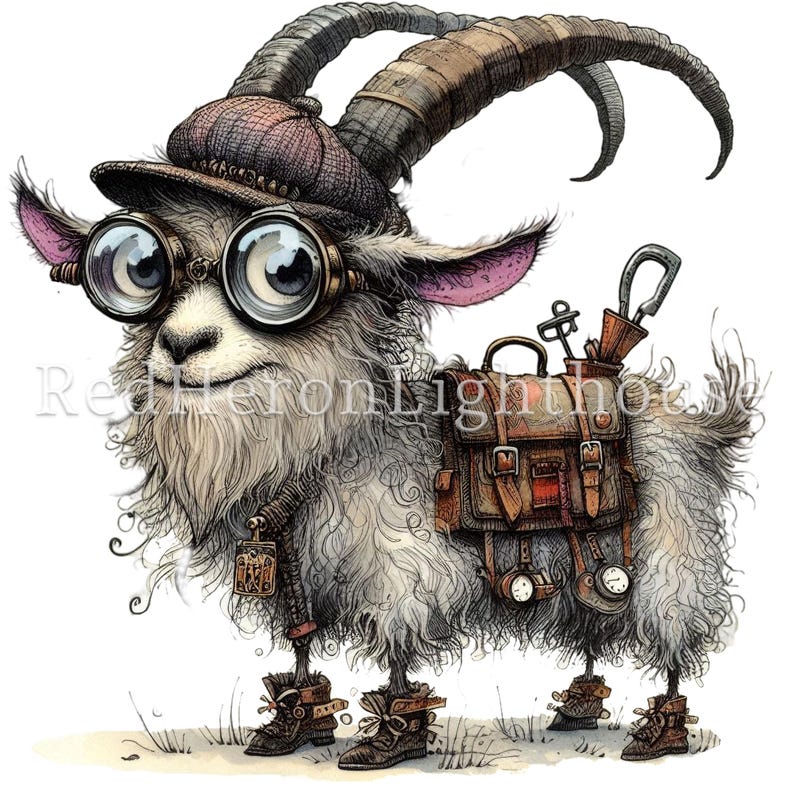 May include: A whimsical illustration of a goat wearing a brown hat, round glasses, and a leather backpack. The goat has a long, curly beard and is wearing boots. The goat is carrying a compass and other tools on its back.