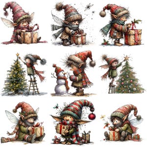 Op de afbeelding: Negen illustraties van kerst-elfen met puntige oren en rode mutsen. De elfen dragen verschillende winterkleding en zijn bezig met verschillende activiteiten, zoals het versieren van een kerstboom, het bouwen van een sneeuwpop en het inpakken van cadeaus.