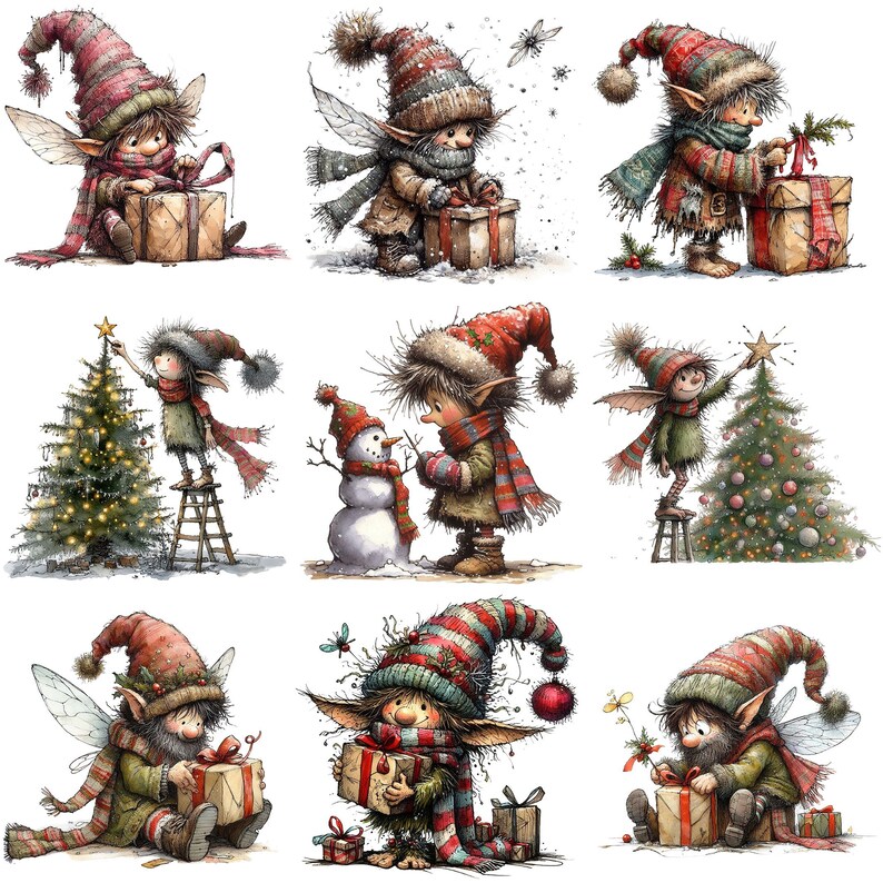 Op de afbeelding: Negen illustraties van kerst-elfen met puntige oren en rode mutsen. De elfen dragen verschillende winterkleding en zijn bezig met verschillende activiteiten, zoals het versieren van een kerstboom, het bouwen van een sneeuwpop en het inpakken van cadeaus.