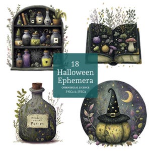 Könnte beinhalten: Eine digitale Illustration mit Halloween-Themen. Sie zeigt ein Regal mit Zaubertränken, ein offenes Buch mit botanischen Illustrationen, eine Zaubertrankflasche mit der Aufschrift "Potion" und einen Kürbis mit Hexenhut. Der Text "18 Halloween Ephemera" ist ebenfalls vorhanden.