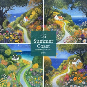 Cornish Cottage & Coast Clipart, 16 hochwertige JPGs, skurrile Sommer Landschaften, Kartenherstellung, Junk Journaling, KOMMERZIELLE NUTZUNG | BR0327-2
