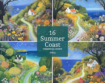 Cornish Cottage & Coast Clipart, 16 High Quality JPGs, Whimsical Summer Landscapes, Card Making, Junk Journaling, COMMERCIAL USE | BR0327-2