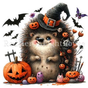 May include: A cute cartoon hedgehog wearing a witch's hat and holding a pumpkin. The hedgehog is surrounded by other Halloween decorations, including bats, pumpkins, and a skull.