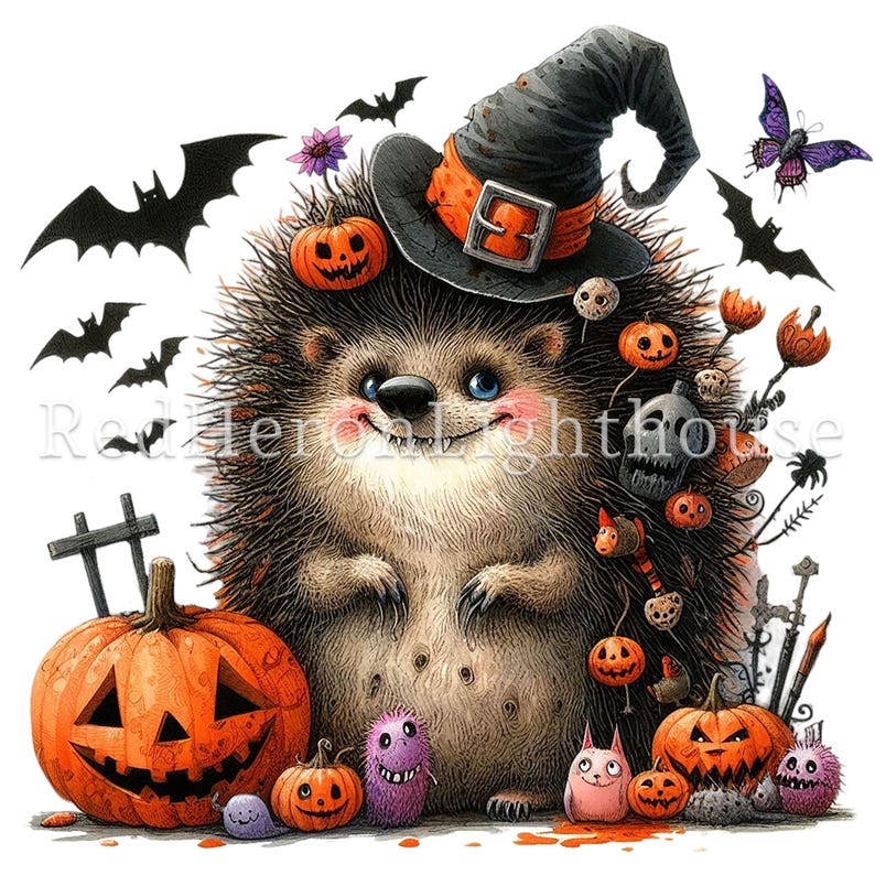 May include: A cute cartoon hedgehog wearing a witch's hat and holding a pumpkin. The hedgehog is surrounded by other Halloween decorations, including bats, pumpkins, and a skull.